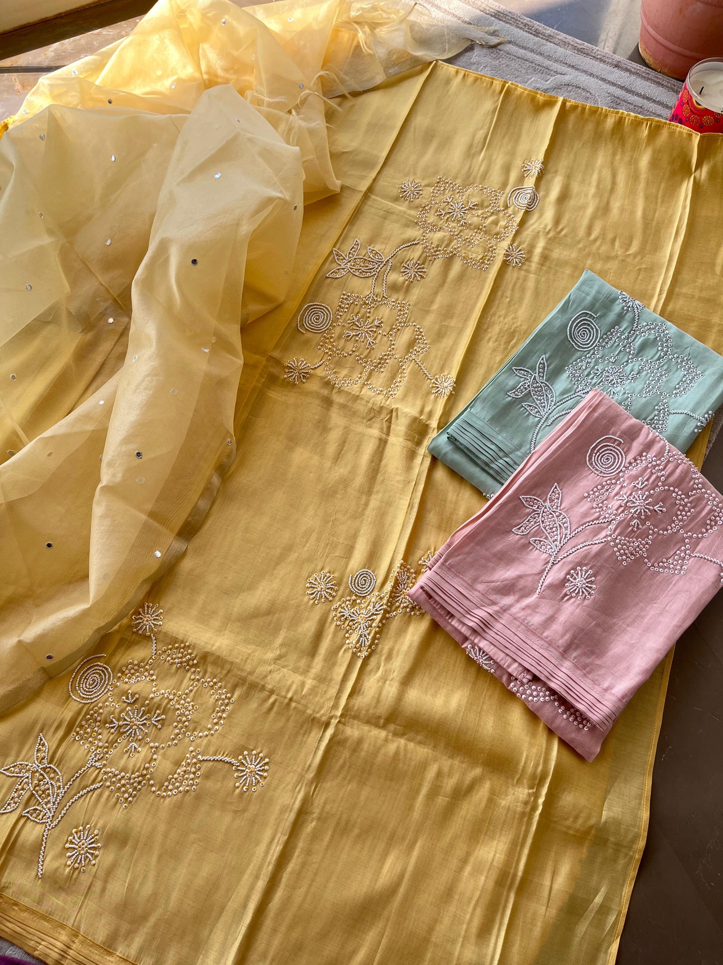 K-2371 Unstitched suit with Hand Pearl Work